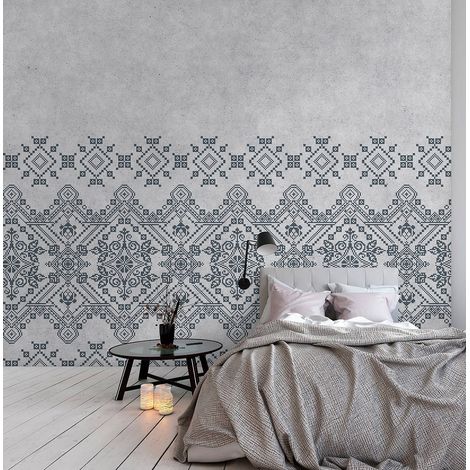 Papier peint panoramique gris & noir scandinave | Tapisserie panoramique à motif effet béton salon | Papier peint panoramique nordique pour escalier - 270 x 400 cm (4 pièces) (1/5)