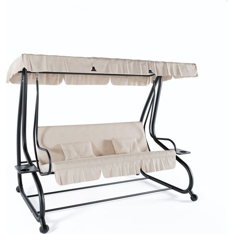 Dondolo 3 Posti Reclinabile Madeira Tettuccio Parasole Regolabile Cuscini Imbottiti Diventa Letto Struttura Robusta In Acciaio Verniciato Giardino Esterno Balcone Terrazzo 200 x 120 x 160 cm Beige (1/5)