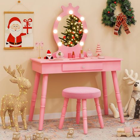 GOPLUS Coiffeuse Enfant Fille avec Miroir et Tabouret, Lumières LED 3 Couleurs, 2 en 1 Bureau Enfant avec Rangement, Table de Maquillage avec Accessoires de Beauté (Rose) (1/5)