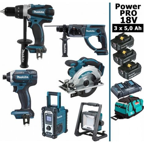 Pack Makita Power PRO 6 outils 18V: DDF458 + DTD152 + DHR202 + DSS610 + DMR108 + Projecteur + 3 batt 5Ah + sac