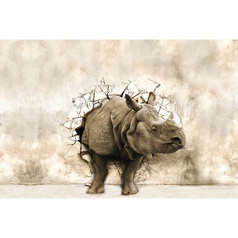Papier peint panoramique béton rhinocéros | Tapisserie panoramique grise chambre garçon | Papier peint panoramique 3D animaux chambre enfant - 267 x 400 cm (4 pièces) (1/2)