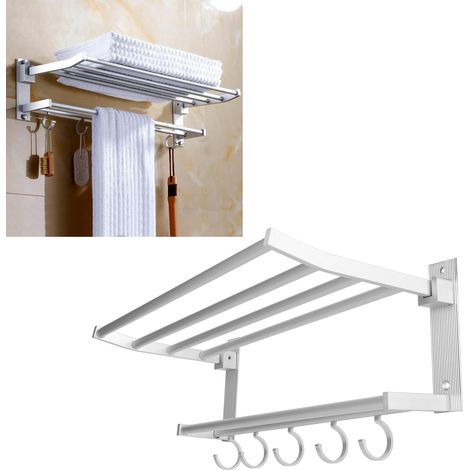 Étagère de douche pliable en aluminium de 40 cm avec porte-serviettes et porte-manteaux, 5 crochets, couleur argent. (1/5)