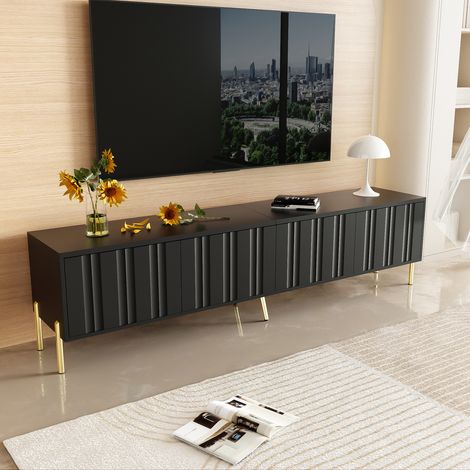 Meuble TV Noir 190 cm Moderne avec 4 Portes Rainurées et Pieds Dorés, Grand Banc TV Design pour Salon, Espace Rangement, Compatible Aspirateur Robot