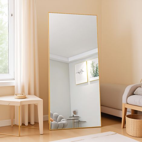 Ganzkörperspiegel 180 x 80 cm, rechteckiger Standspiegel mit Rahmen and Aluminiumlegierung, Rechteckig Schlafzimmerspiegel mit robustem Glas, für Schlafzimmer, Wohnzimmer und Garderobe, Gold (1/5)