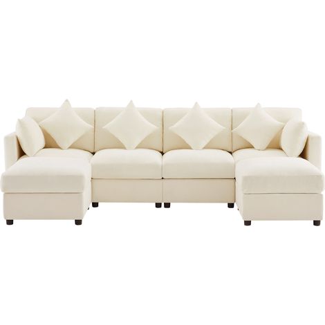 Canapé d'angle convertible U/L 284x156,5x86 cm beige en chenille avec 2 poufs, accoudoirs réglables, 4 coussins et design nuage (1/5)