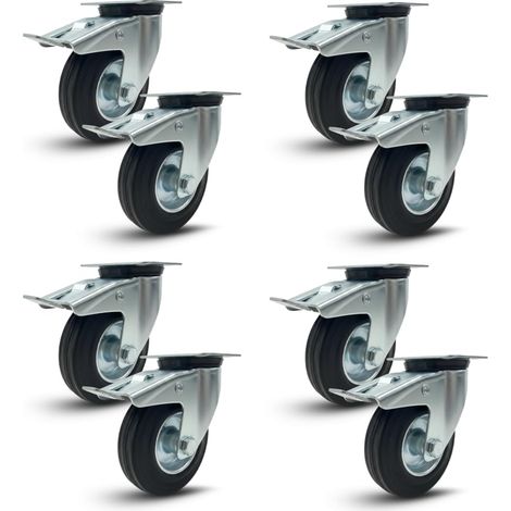SET 8  RUOTE GIREVOLI CON FRENO 125mm ROTELLE SILENZIOSE PIROETTANTI IN GOMMA, PER CARRELLO CARICHI PESANTI MOBILI,ELETTRODOMESTICI, BANCHI DA LAVORO