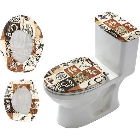 Lot de 2 housses de couvercle de toilettes Western Cowboy et couvercle de réservoir - Style ancien - Extensible - Convient pour abattant de WC - Rond, allongé, ovale (1/5)
