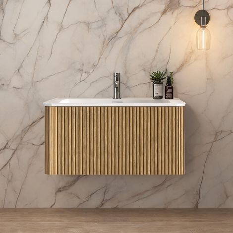 Vasque avec meuble suspendu 80 cm design cannelé finition chêne (1/5)