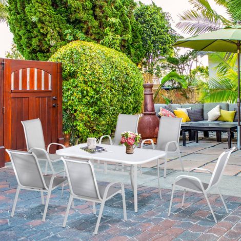 Juego de Mesa y 6 Sillas para Terraza con Orificio para Sombrilla y Encimera de Cristal para Terraza Patio Gris (1/5)