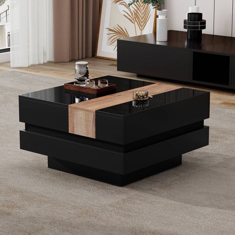 Table basse extensible 70-140x70x39 cm noir laqué, rangement caché, style contemporain (1/5)