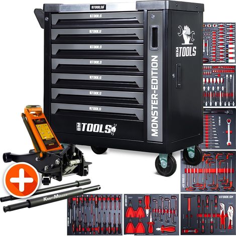 Servante d'atelier BM TOOLS 9/7 MONSTER-EDITION-GREY 7 tiroirs pleins 257 outils + Cric hydraulique Kraft Muller 2,25T ORANGE