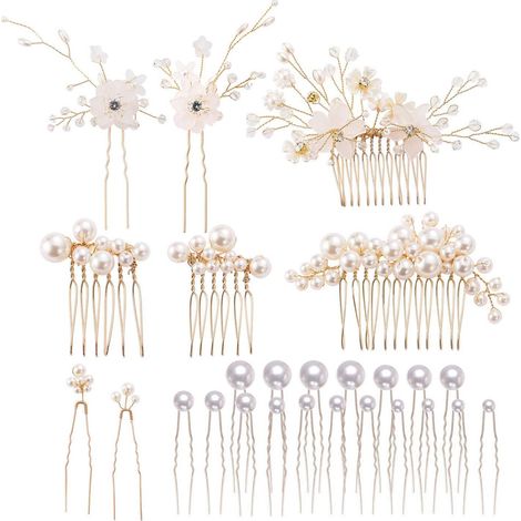 Lot de 26 peignes latéraux pour cheveux de mariée + épingles à cheveux en forme de U, accessoires de tête ornés de fleurs et de perles, tailles variées (1/5)