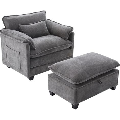 Sillón moderno extragrande de chenilla gris con pouf con almacenaje y bolsillo lateral (1/5)
