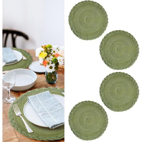 Set de 4 sets de table ronds beiges bordés de dentelle – tissés, antidérapants, faciles à nettoyer, 30 cm (1/5)