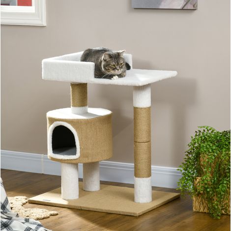 Árbol rascador para gatos 79 cm con cueva y plataforma de descanso marrón y blanco (1/5)
