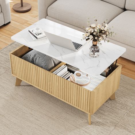 Table basse relevable scandinave, table basse de salon avec plateau réglable en hauteur, grand rangement caché, coins arrondis, coloris chêne naturel