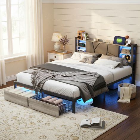 Lit 160x200 avce tiroirs, lit double adulte Avce tête de lit LED et ports USB - rangement, structure en métal, sommier à lattes - Noir (1/5)