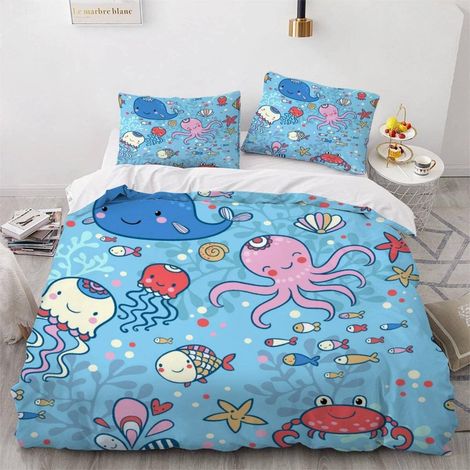 Housse de Couette 140x200 Enfant Poisson Parure de Lit 1 Personne Microfibre Housse de Couette Dessin Animé Océan Méduse 3D Imprimé Literie Set 3 Pièces avec Fermeture Éclair - 140x200+2x50x75 (1/5)