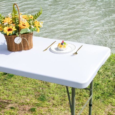 Nappe rectangulaire blanche élastique et imperméable 183 x 76 cm en spandex (convient pour les dîners, les fêtes et occasions en intérieur et en extérieur) (1/5)
