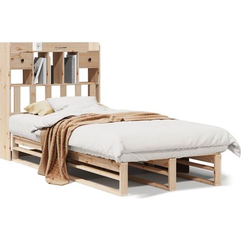 Lit simple  Lit adulte  Lit bibliothèque sans matelas 90x200 cm bois de pin massif