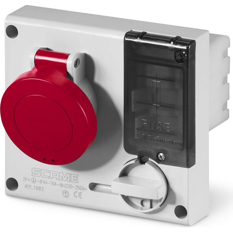 Prise à encastrer verrouillable 3P+N+T 16A femelle rouge 380-415V 50-60Hz étanche IP44 – Porte-fusible 6H – Mode de pose électricité – Scame
