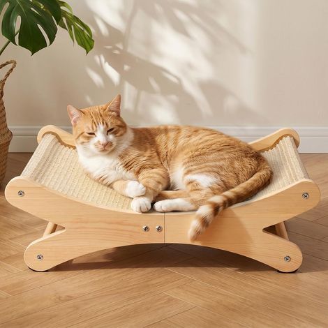 Poste rascador para gatos de sisal, cama rascadora para gatos de madera maciza, sofá con poste rascador para gatos curvado de 160°, salón con alfombrilla de sisal reemplazable (1/5)