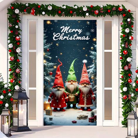 Rideau de porte de Noël 2026, bannière extérieure avec fond photo Père Noël et chien, tissu à suspendre - 90 x 180 cm (œillets + ruban) - 56