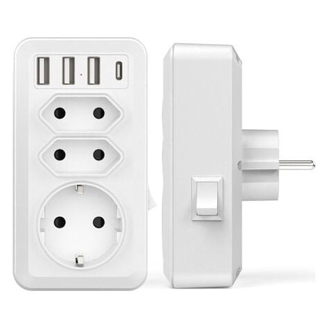 Regleta de enchufes USB 7 en 1 con cargador de pared USB, 3 salidas de CA (16 A, 3800 W), 3 puertos USB de 5 V/3,4 A y 1 puerto tipo C, compatible con teléfono, oficina, hogar y viajes. (1/4)