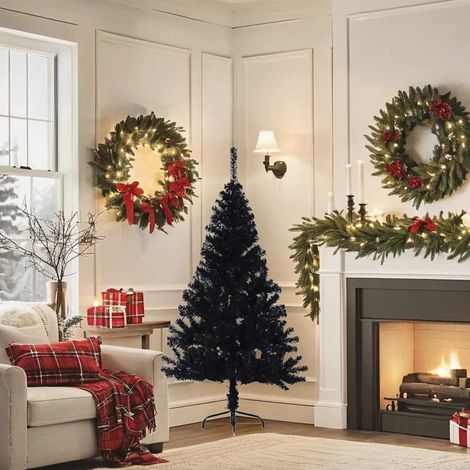Demi Sapin de Noël Arbre de Noël artificiel avec support Noir 150 cm PVC (1/5)