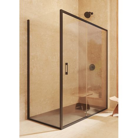 Box doccia scorrevole+fisso + laterale fisso, senza profilo inferiore, vetro sicurezza 6mm anticalcare, 112,5-117,5cm x Fisso 72,5-75cm H=200cm, Nero