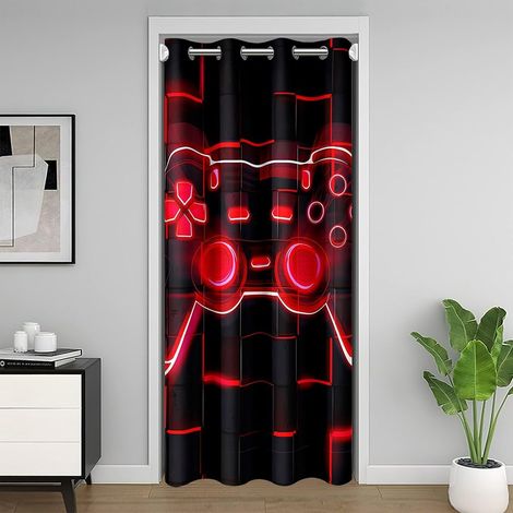 Jeu Rideau de Porte pour Porte Gamer Rideau Isolant Lumineux Rouge Noir Abstrait Géométrique Chambre À Coucher Placard Rideau Porte Gamer Chambre Garçon Décoration 132x203 - 132x203cm (1/5)