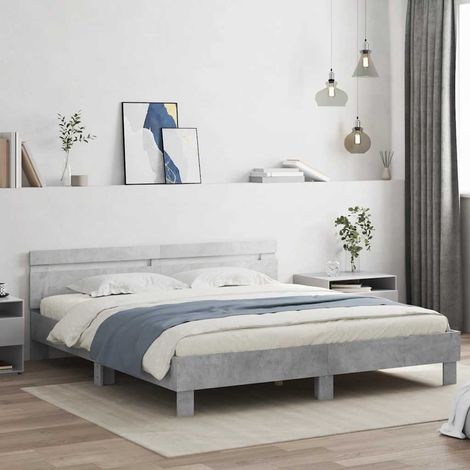 Estructura de cama cabecero y luces LED gris hormigón 200x200cm (1/5)