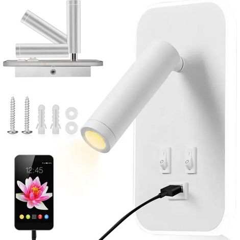 TTLIFE Liseuse de Chevet, 3W+9W 3000K Fixation Murale Spot Rotatif, Applique Murale LED avec Interrupteur et Port de Charge USB (1/5)