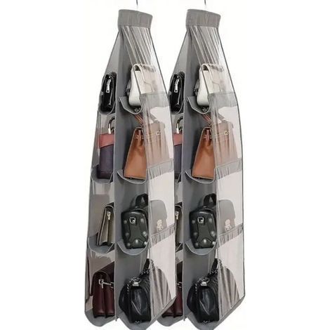 Two-Piece Hanging Purse Organizer with 8 Pockets, Clear Hanging Storage Bag, Organizer Bag, Space Saving Wardrobe/Closet Organizer (Gray). (1/5)