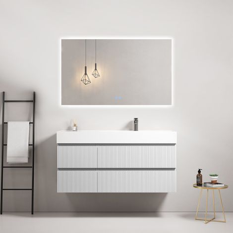 Mobile bagno sospeso cannettato 120 cm Bianco Lavabo a Destra in Resina Specchio Quadro Retroilluminato - Fiji Paint (1/4)