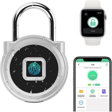 Biometrisches Vorhängeschloss, Fingerabdruck, Mobile App, Zahlencode, Außenbereich, Silber (1/5)