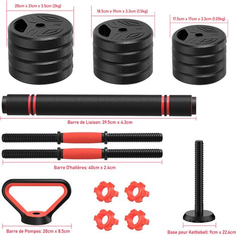 4 en 1 Ensemble d'haltères Réglable - Ensemble d'haltères peu encombrantspoids - 20 Kg poids réglable - Barres incluses - entraînement Musculaire - Avec poignées antidérapantes