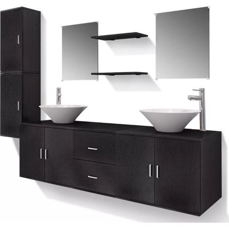 Meuble de salle de bain 17 pièces bois laqué noir Val (1/5)