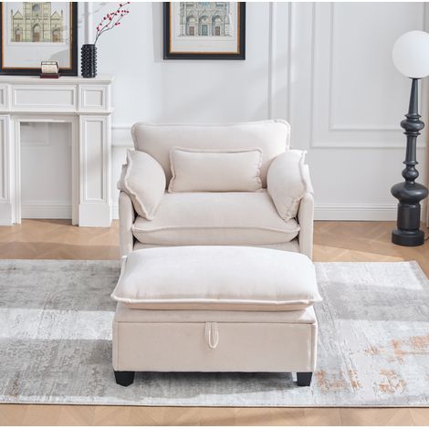 Poltrona relax con poggiapiedi portaoggetti, poltrona 1 posto con tasche laterali e cuscini, in chenille, beige (1/5)