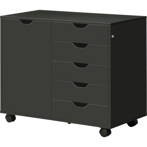 Caisson de bureau 5 tiroirs 1 porte étagère réglable, support imprimante à roulettes, 78x40x66,5 cm, noir (1/5)