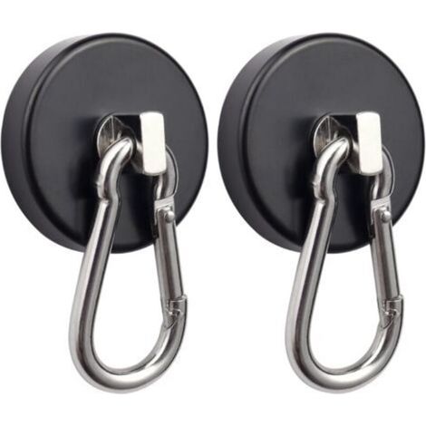 Two black magnetic hooks with rotating carabiners, maximum tensile strength of 75 kg, for suspension.