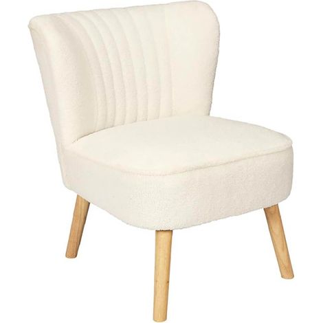 Altobuy – Fauteuil en tissu bouclettes blanc – Pieds en bois naturel – Hauteur d'assise 41 cm – Dimensions 70x59xH72 cm (1/5)