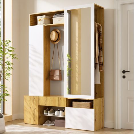 Garderobenschrank (127x35x180.5 cm), mit Spiegel, Schuhschrank und Kleiderstange, MDF, Weiß und Natur (1/5)