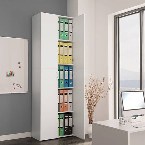 Armoire de bureau 5 étagères 2 portes en bois d’ingénierie blanc 60 x 32 x 190 cm - PANGIVO (1/5)