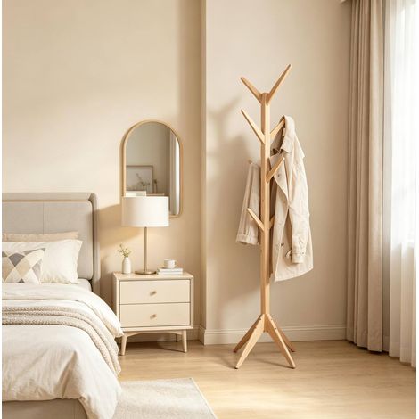 Kleiderstaender aus Massivholz in Natur mit 8 Haken, 43 x 43 x 180 cm, freistehende Garderobe im platzsparenden Design (1/5)
