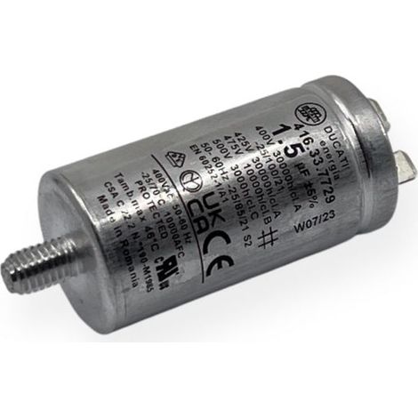 Ducati Energia – Condensateur permanent aluminium 1,5µF à cosses faston simple – Ø30x60mm – Compatible sèche-linge Bosch, Siemens, Electrolux