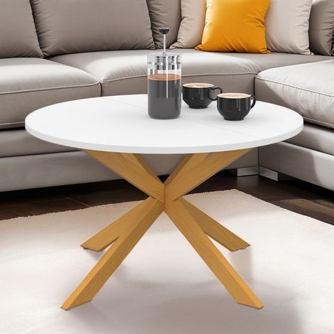 Mesa de centro redonda GISELE, 70 cm, pata de araña, tablero blanco y pata de madera