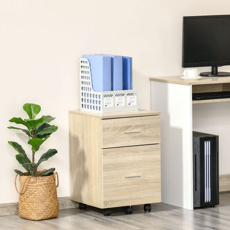 Mobiletto da scrivania per documenti con 2 cassetti, ruote, mobiletto portadocumenti per documenti in formato A4 o Letter, 39,5x39x58,5 cm, rovere.