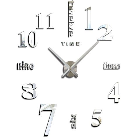 Horloge murale moderne argentée silencieuse à monter soi-même, grand format, avec autocollant 3D (1/5)