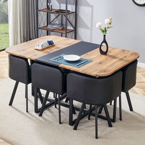 Conjunto de mesa extensible y 6 sillas 150x100x79 cm MDF negro y madera - MEUBLIV (1/5)